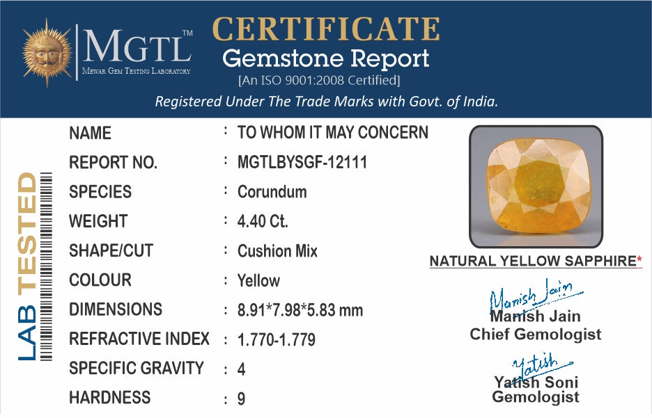 Thailand Yellow Sapphire - 4.40 Carat Prime Quality BYSGF-12111