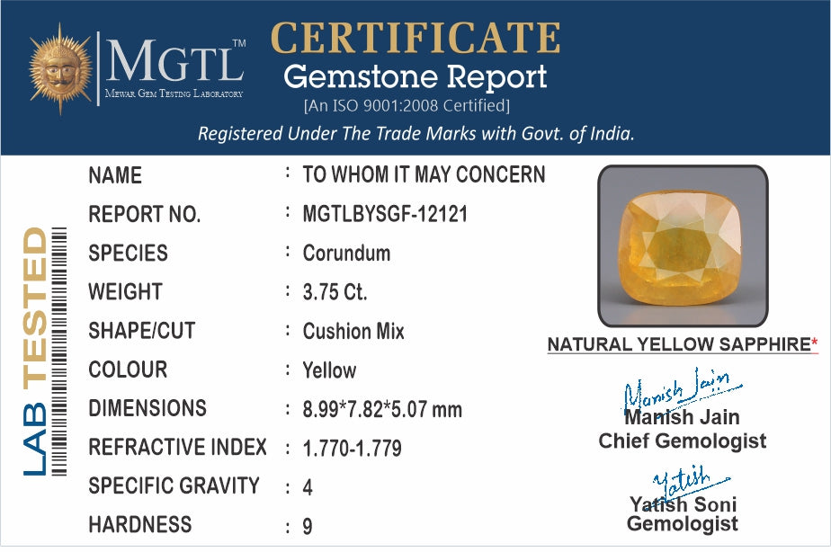 Thailand Yellow Sapphire - 3.75 Carat Prime Quality BYSGF-12121