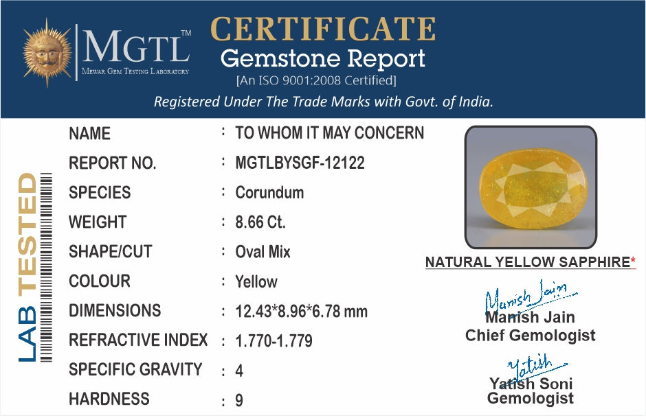 Thailand Yellow Sapphire - 8.66 Carat Prime Quality BYSGF-12122
