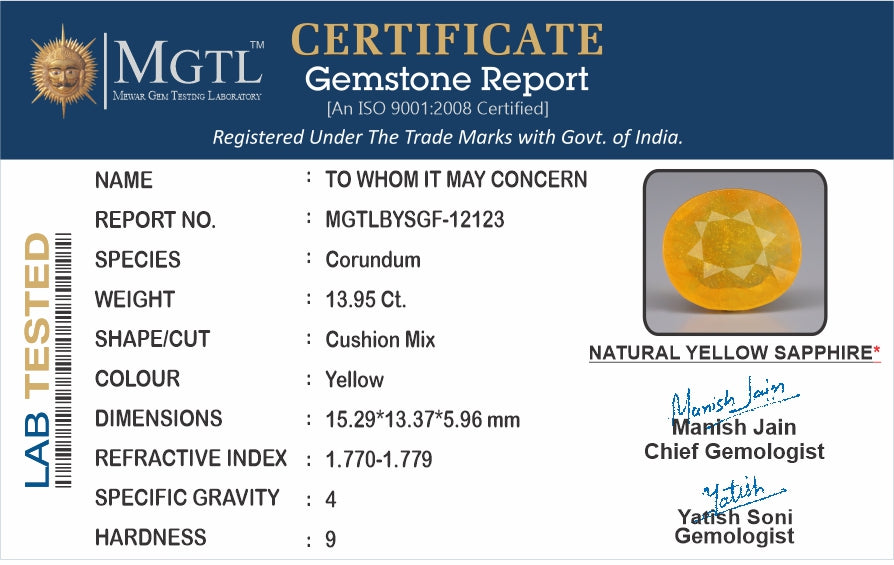 Thailand Yellow Sapphire - 13.95 Carat Prime Quality BYSGF-12123