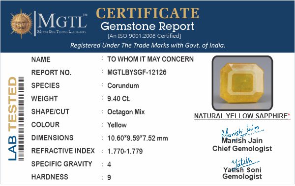 Thailand Yellow Sapphire - 9.40 Carat Prime Quality BYSGF-12126