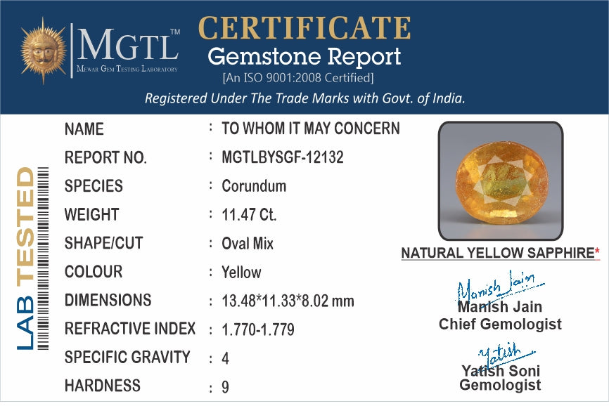 Thailand Yellow Sapphire - 11.47 Carat Prime Quality BYSGF-12132