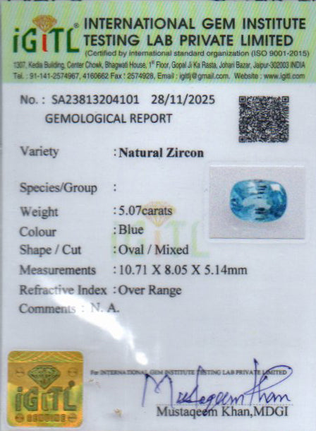 Ceylon Blue Zircon - 5.07 Carat Limited Quality BZ-28008