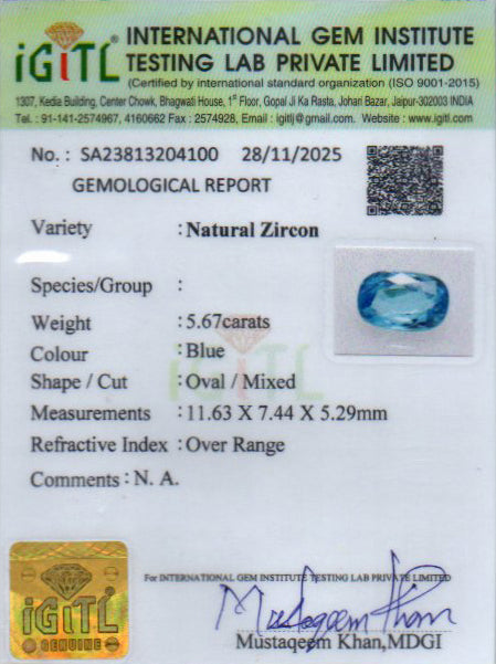 Ceylon Blue Zircon - 5.67 Carat Limited Quality BZ-28009