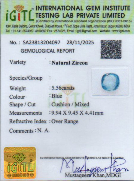 Ceylon Blue Zircon - 5.56 Carat Prime Quality BZ-28012