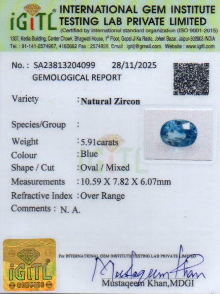 Ceylon Blue Zircon - 5.91 Carat Limited Quality BZ-28013