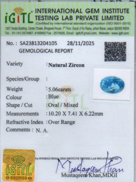 Ceylon Blue Zircon - 5.06 Carat Rare Quality BZ-28014