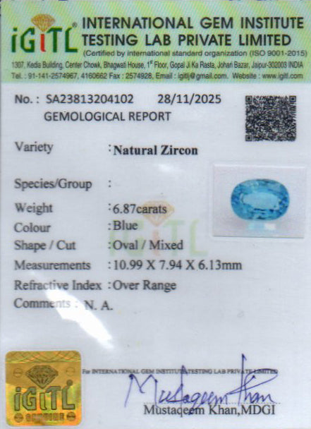Ceylon Blue Zircon - 6.87 Carat Rare Quality BZ-28016