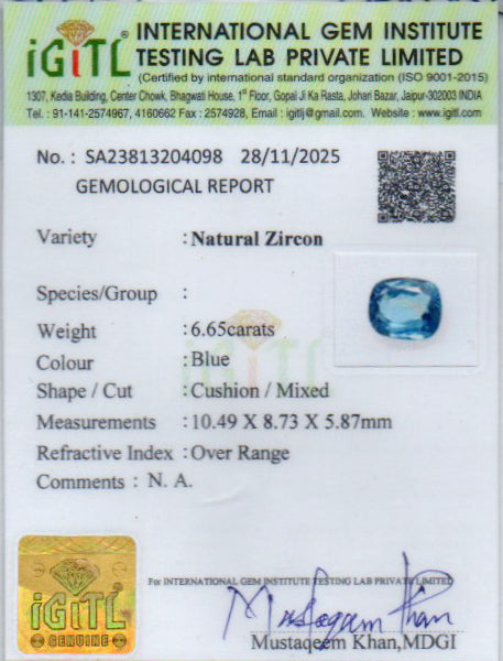Ceylon Blue Zircon - 6.65 Carat Limited Quality BZ-28017