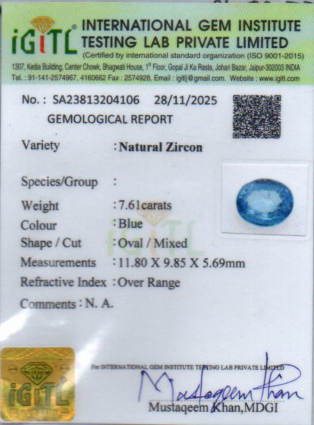 Ceylon Blue Zircon - 7.61 Carat Limited Quality BZ-28018