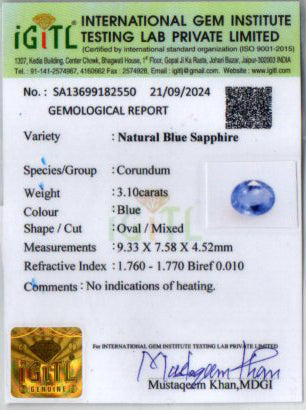 Blue Sapphire - 3.10 Carats