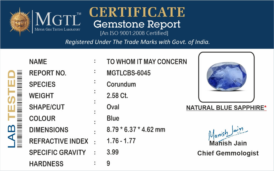 Ceylon Blue Sapphire - 2.58 Carat Fine Quality CBS-6045
