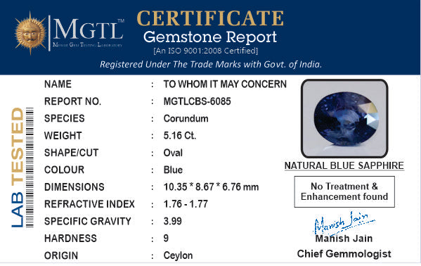 Blue Sapphire - 5.16 Carats