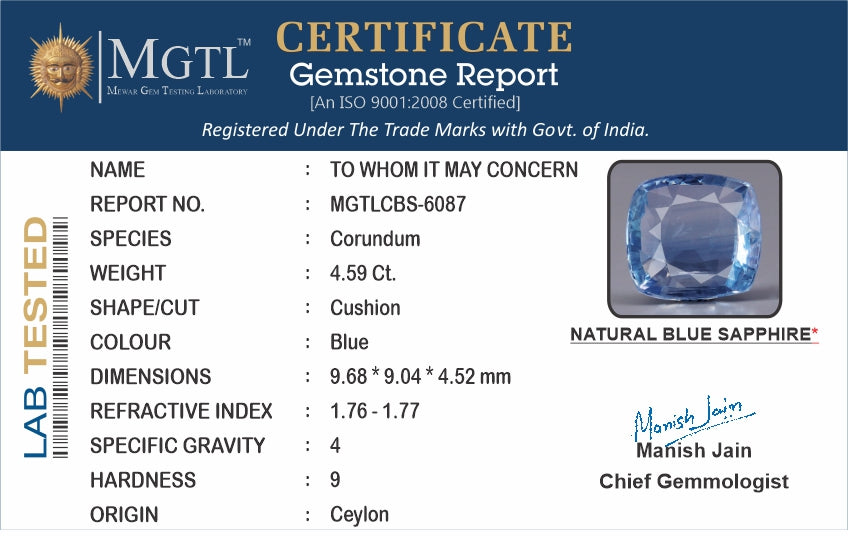 Ceylon Blue Sapphire - 4.59 Carat Limited  Quality CBS-6087
