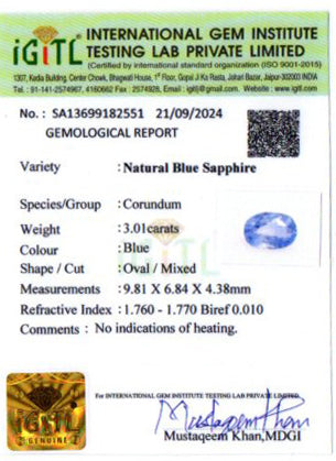 Ceylon Blue Sapphire - 3.01 Carat Prime Quality CBS-6093