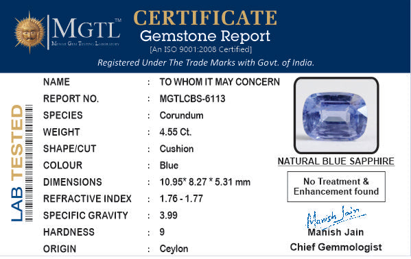 Ceylon Blue Sapphire - 4.55 Carat Rare Quality CBS-6113