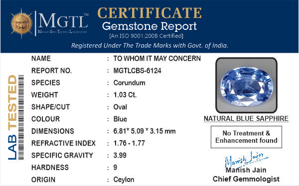 Ceylon Blue Sapphire - 1.03 Carat Limited Quality CBS-6124