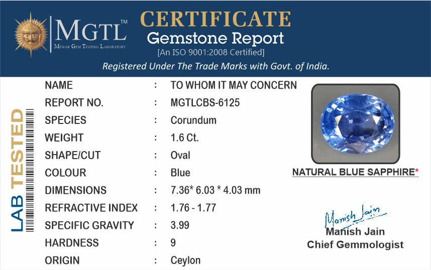 Ceylon Blue Sapphire - 1.60 Carat Limited Quality CBS-6125