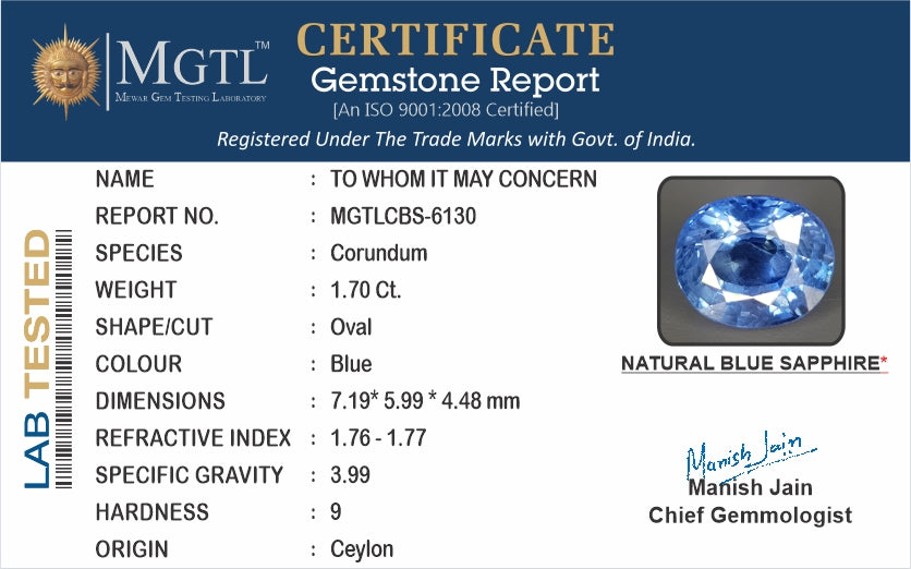 Ceylon Blue Sapphire - 1.70 Carat Limited Quality CBS-6130