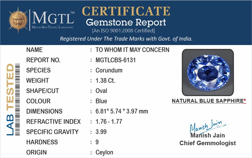 Ceylon Blue Sapphire - 1.38 Carat Limited Quality CBS-6131