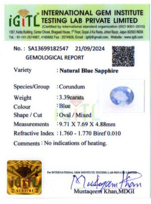 Ceylon Blue Sapphire - 3.39 Carat Prime Quality CBS-6185