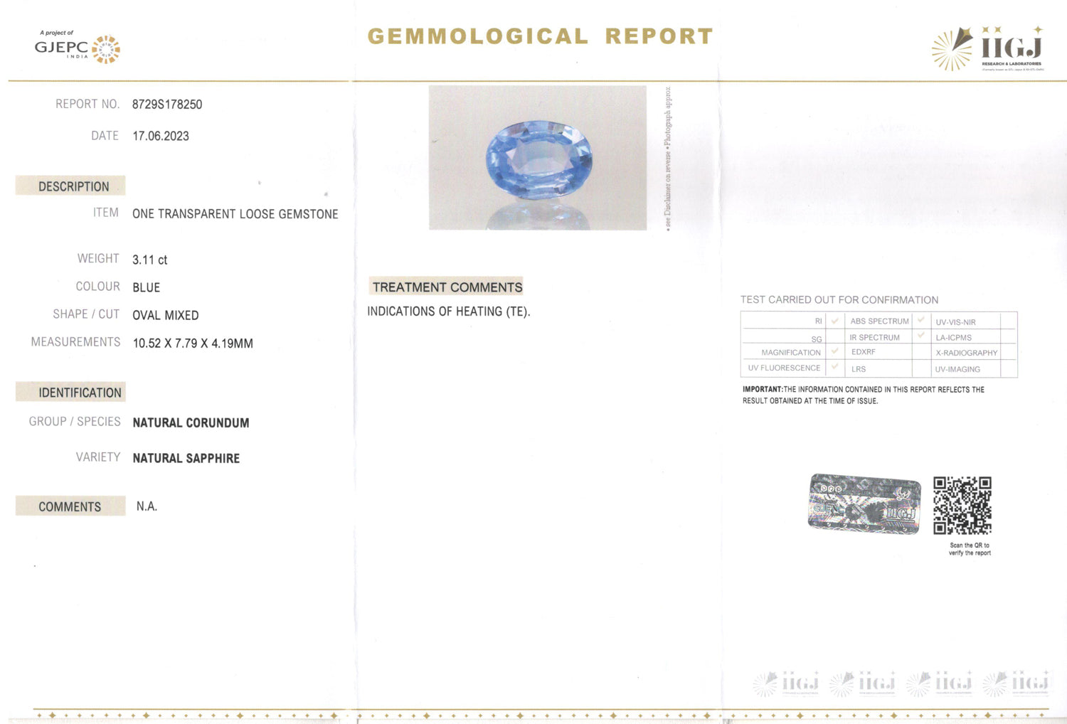 Ceylon Blue Sapphire -  3.11 Carat Limited Quality CBS-6192