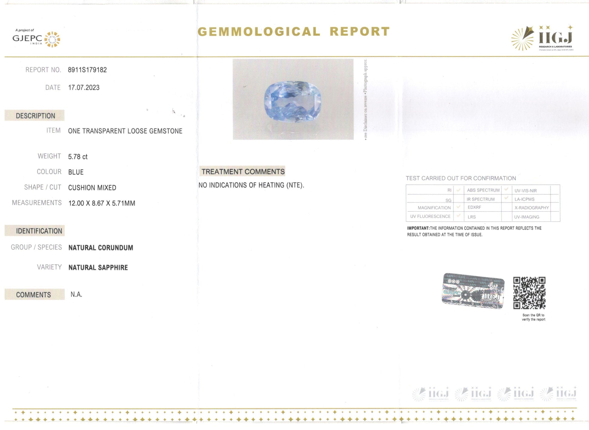 Ceylon Blue Sapphire - 5.78 Carat Prime Quality CBS-6216