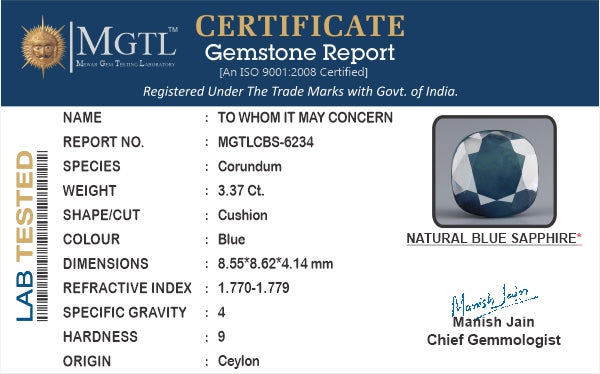 Ceylon Blue Sapphire - 3.37 Carat Fine Quality CBS-6234
