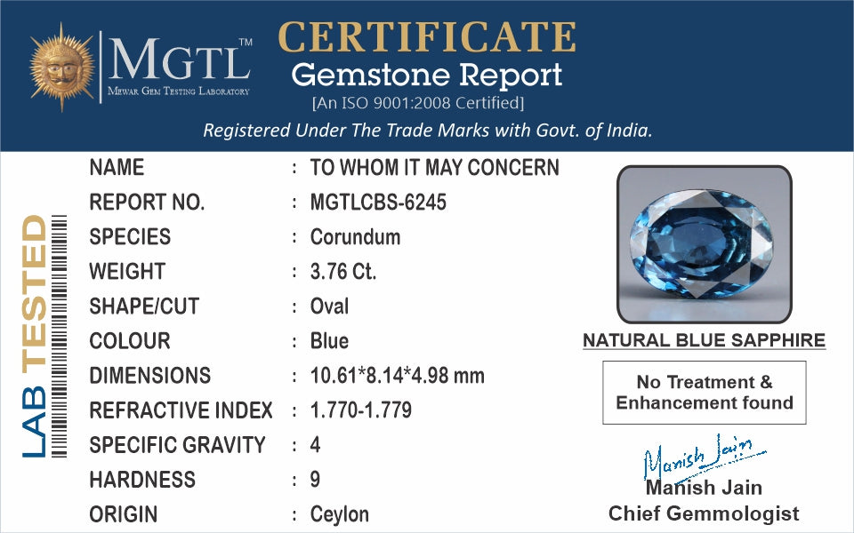 Ceylon Blue Sapphire - 3.76 Carat Rare Quality CBS-6245