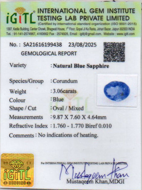 Ceylon Blue Sapphire - 3.06 Carat Prime Quality CBS-6319