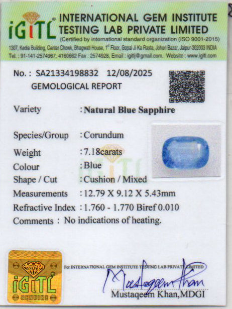 Ceylon Blue Sapphire - 7.18 Carat Prime Quality CBS-6328