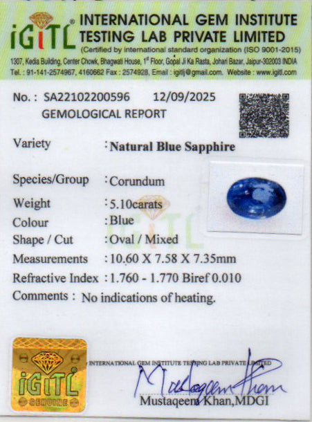 Blue Sapphire - 5.10 Carats