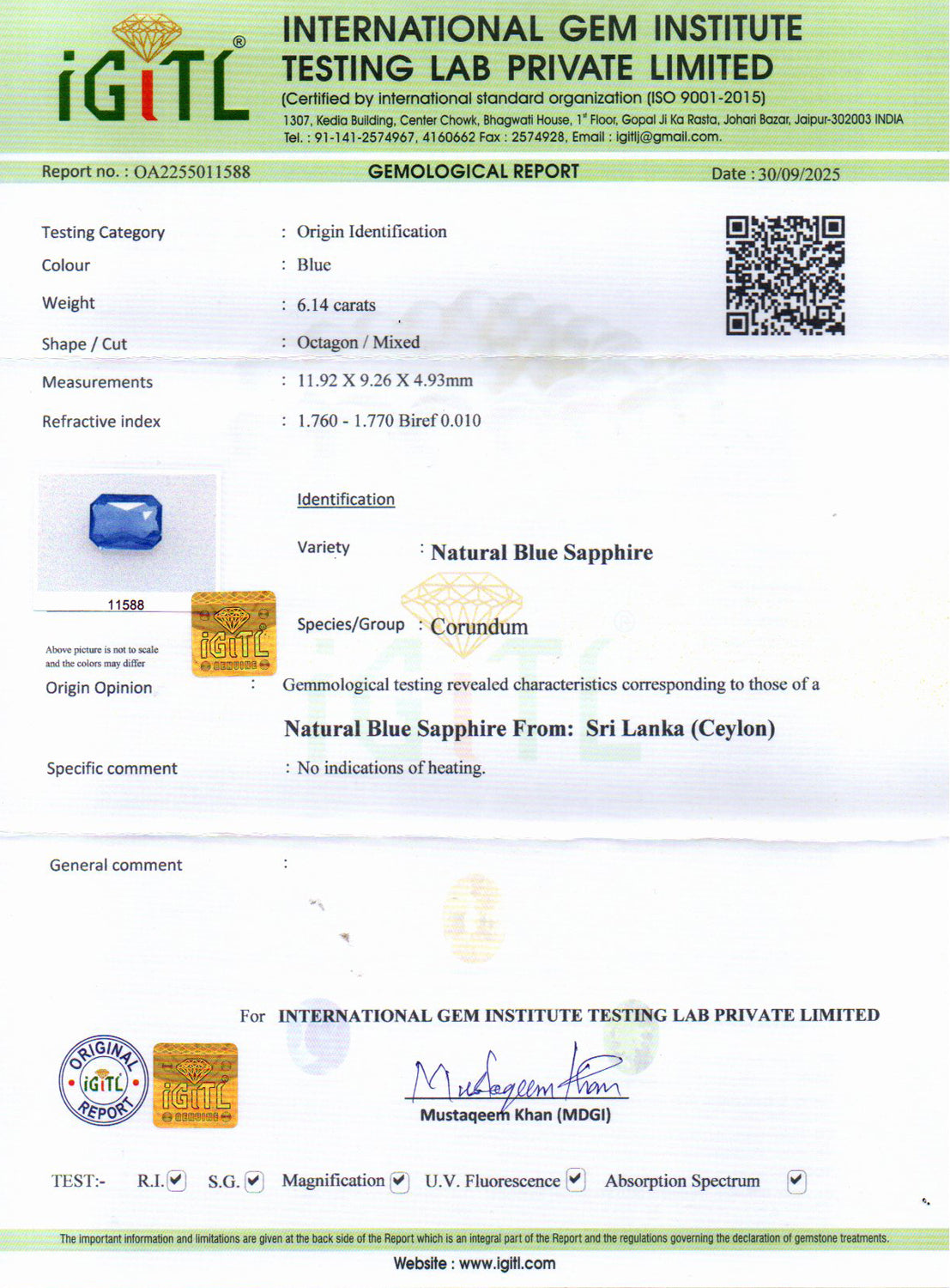 Ceylon Blue Sapphire - 6.14 Carat Limited Quality CBS-6337