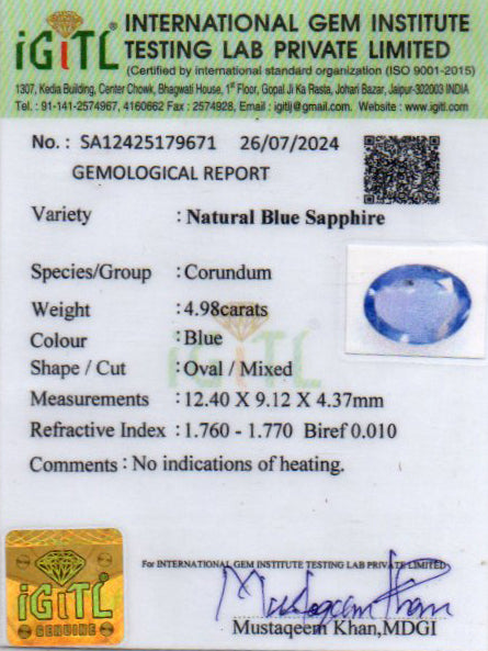 Blue Sapphire - 4.98 Carats