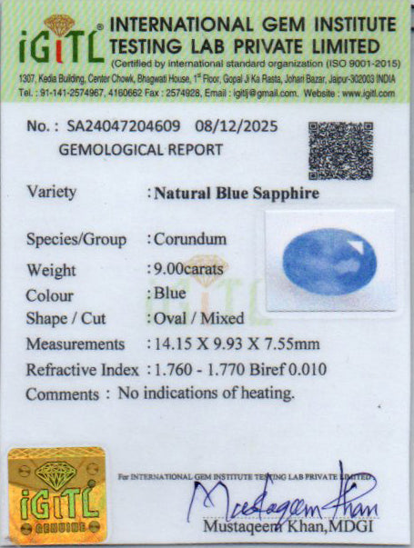 Blue Sapphire - 9.00 Carats