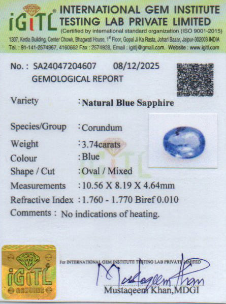 Blue Sapphire - 3.74 Carats