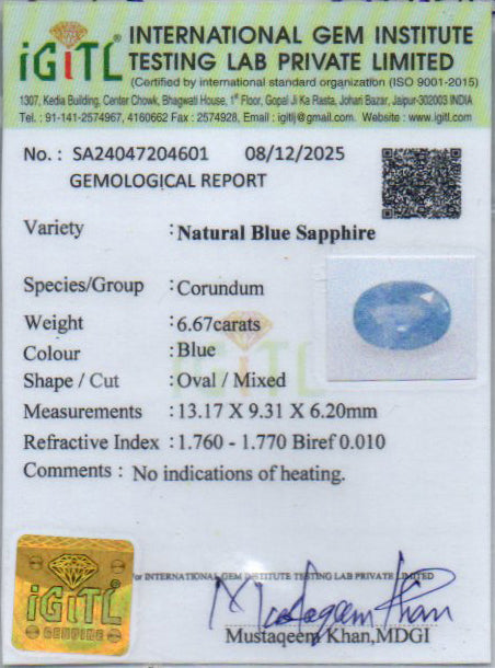Blue Sapphire - 6.67 Carats
