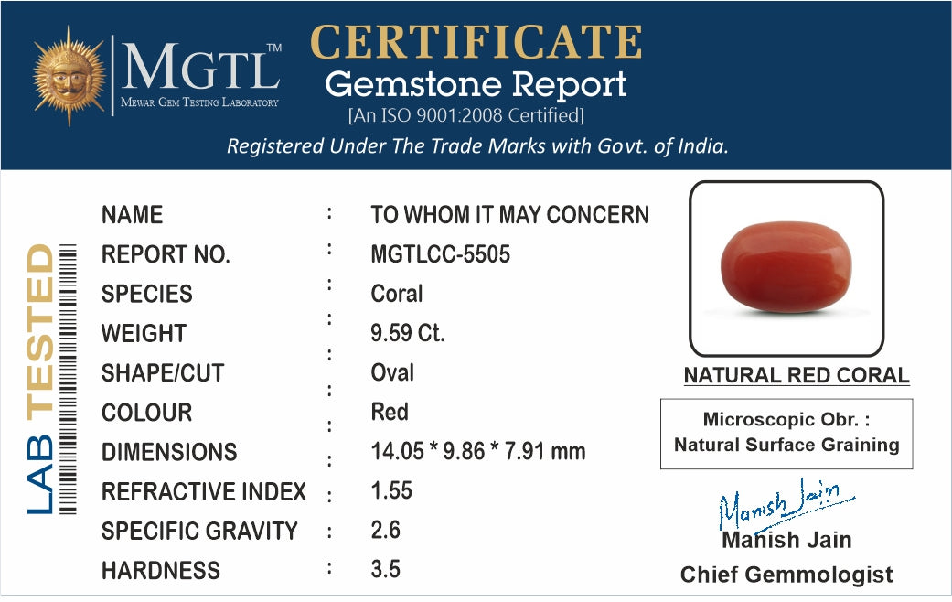 Red Coral - 9.59 Carat (10.60 Ratti - Moonga)