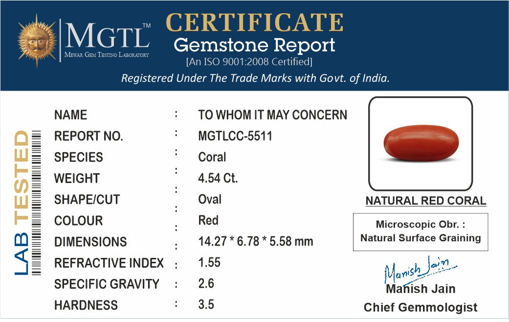 Red Coral - 4.54 Carat (5.02 Ratti - Moonga)