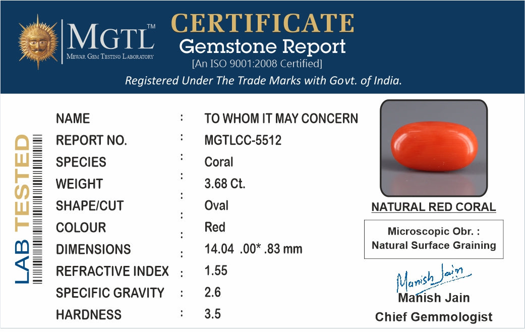 Red Coral - 3.68 Carat (4.07 Ratti - Moonga)