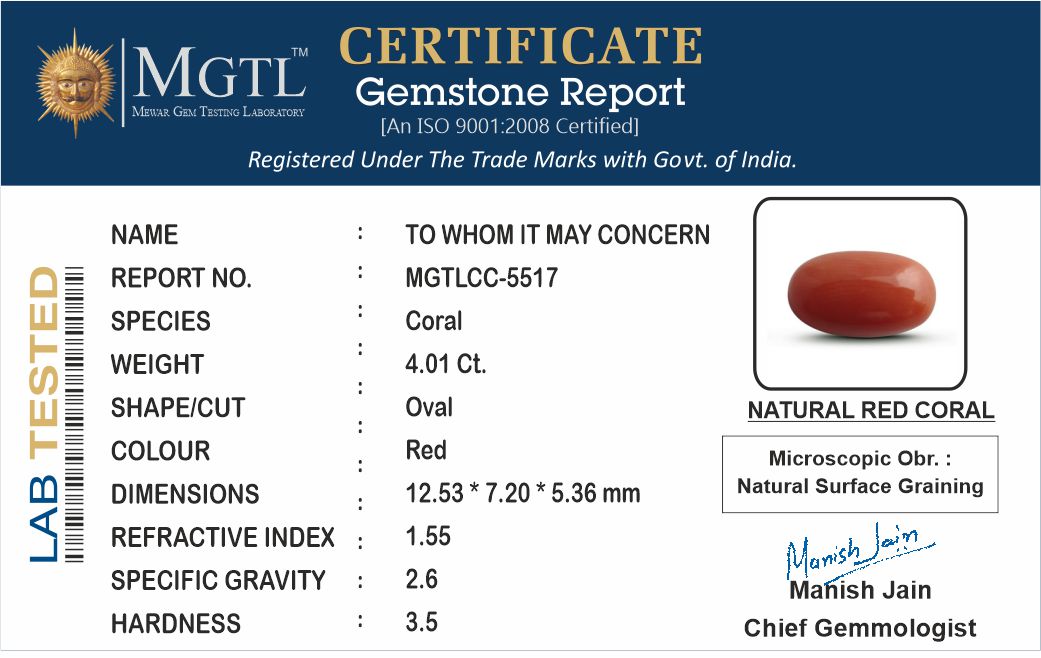 Red Coral - 4.01 Carat (4.43 Ratti - Moonga)