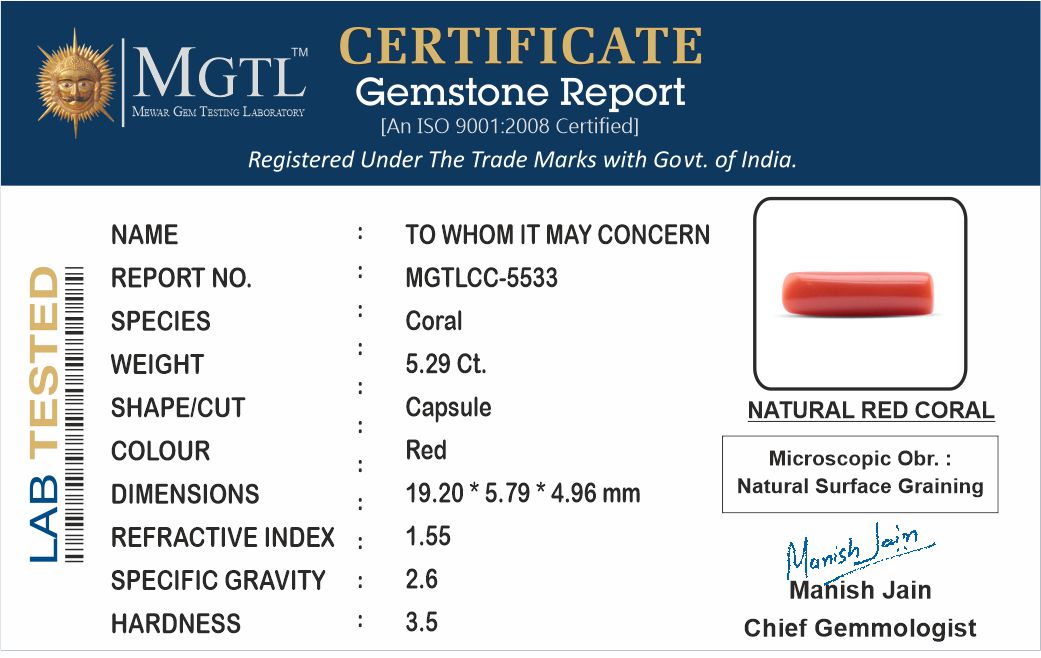 Italian Red Coral - 5.29 Carat Fine Quality CC-5533