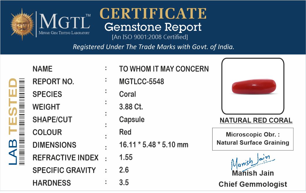 Red Coral - 3.88 Carat (4.29 Ratti - Moonga)
