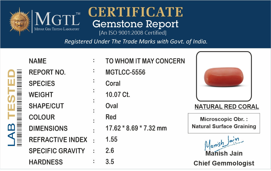 Red Coral - 10.07 Carat (11.13 Ratti - Moonga)