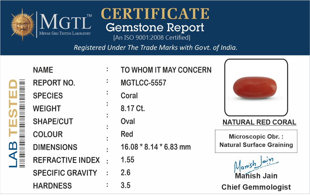 Red Coral - 8.17 Carat (9.03 Ratti - Moonga)