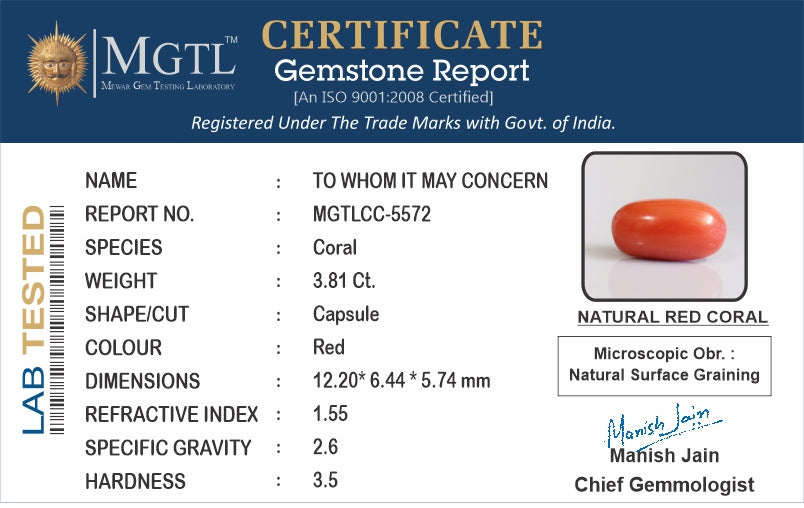 Red Coral - 3.81 Carat (4.21 Ratti - Moonga)
