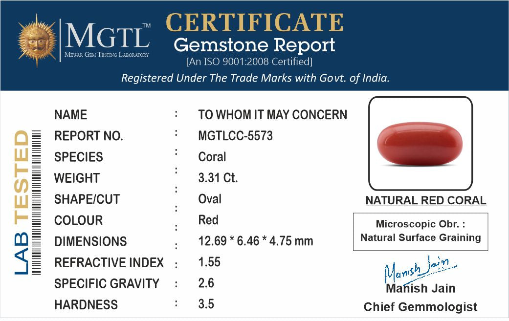 Italian Red Coral - 3.31 Carat Rare Quality CC-5573