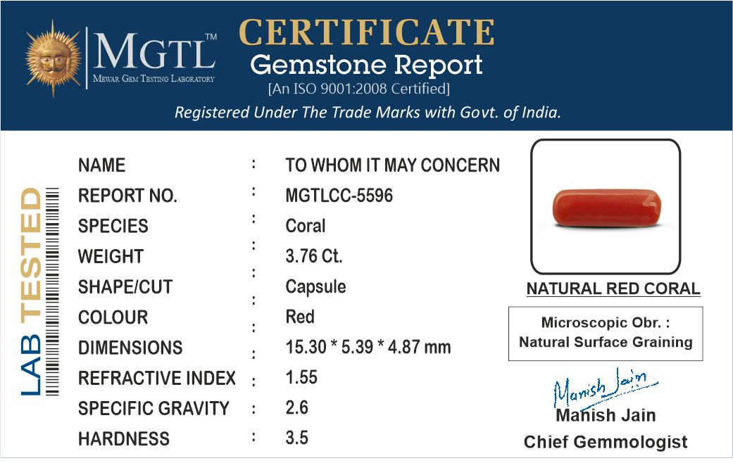 Red Coral - 3.76 Carat (4.15 Ratti - Moonga)