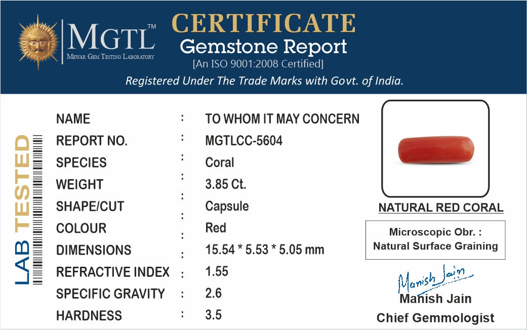 Red Coral - 3.85 Carat (4.25 Ratti - Moonga)