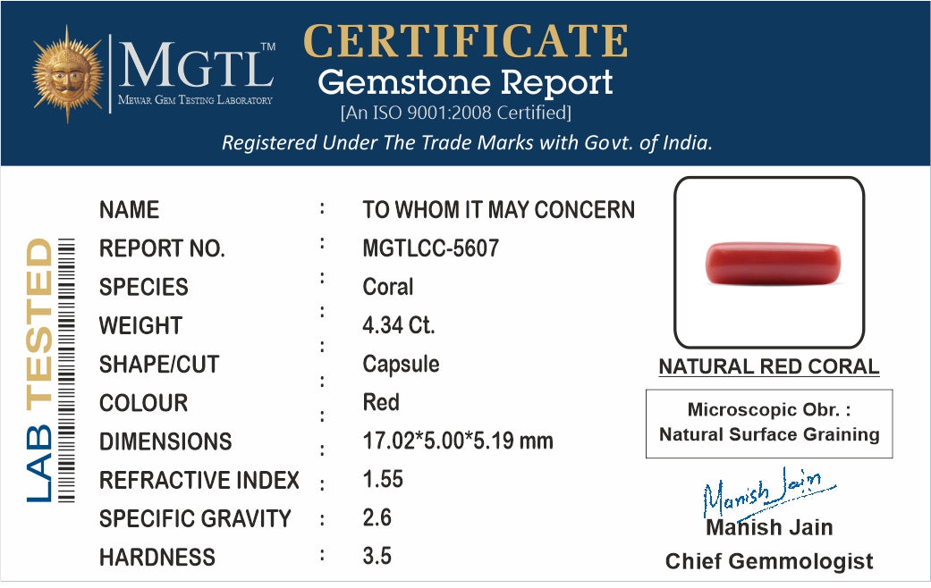 Red Coral - 4.34 Carat (4.80 Ratti - Moonga)